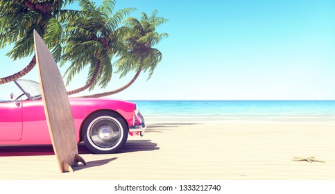 Pink Car On The Beach In Front Of Palm Trees, Summer Background 3D Rendering, 3D Illustration