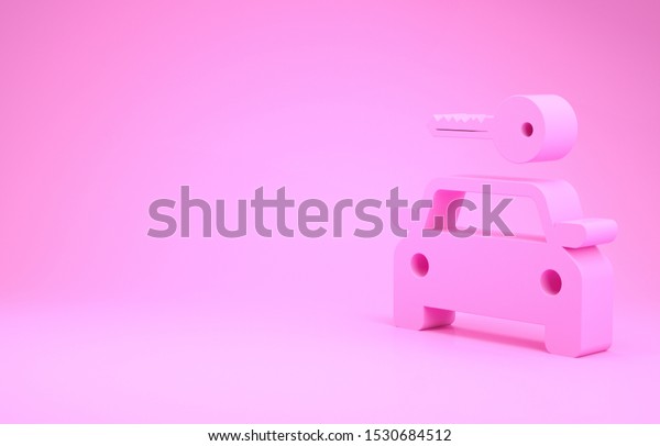 Pink Car\
rental icon isolated on pink background. Rent a car sign. Key with\
car. Concept for automobile repair service, spare parts store.\
Minimalism concept. 3d illustration 3D\
render