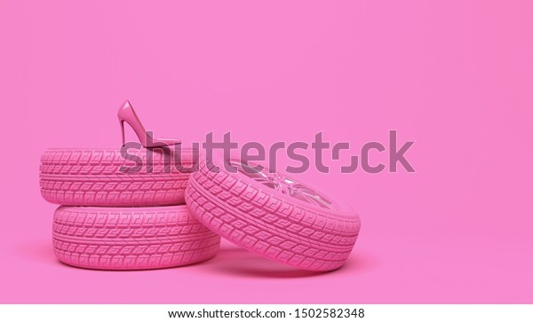 Pink car wheel and pink\
women\'s shoe on a pink background. Creative conceptual illustration\
in a glamorous girlish style. Copy space for text or logo. 3D\
rendering.