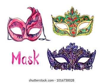 Pink carnival mask with dark blue ornament, green with golden decoration and red gemstones, black lace with rhinestones, hand painted watercolor illustration isolated on white, inscription - Powered by Shutterstock