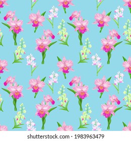 Pink Cattleya orchid flower blossom seamless pattern on blue background, illustration of petals plant drawing element for fabric printed textile, wallpaper and wrapping