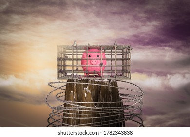 Pink ceramic piggy bank in a cage on the top of a mountain at sunset magenta day. Pink ceramic piggy bank is prisoner in metal cage or No freedom for saving money concept. 3D illustration - Powered by Shutterstock