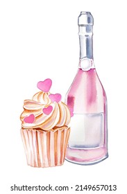 Pink Champagne Bottle And Sweet Muffin With Heart On Top. Dessert Illustration. St.Valentine's Day Background. Celebration Themed Design. Romantic Clipart For Greeting Card.