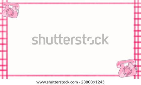pink checkered pattern frame on white background with telephone