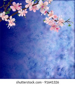 pink cherry blossom branch on dark blue  grunge background easter illustration idea