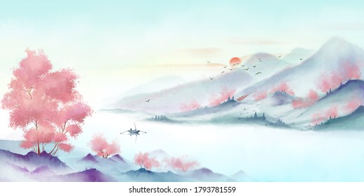  Pink Chinese Style Cloud Scenery. Beautiful Chinese Style Landscape Painting