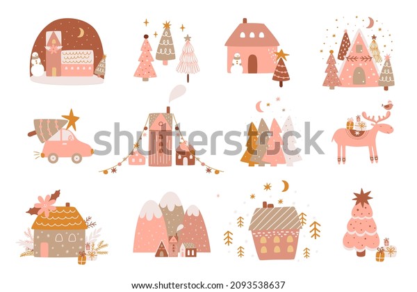 Pink Christmas and New Year elements set. Winter\
village houses, Christmas tree, deer, car, mountains, fur tree.\
Chrilish pink winter illustration. Winter holiday decorative\
collection. Nordic.