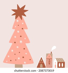 Pink Christmas scandinavian poster  Christmas village and Christmas tree  Pastel New Year card  Winter landscape  outdor scene  Cute winter holidays illustration  Pink nordic Christmas 