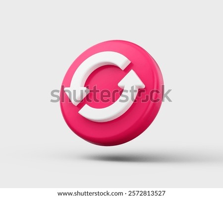 Pink circular button with a white refresh icon featuring two curved arrows, 3d illustration