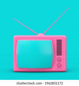 Pink Classic Vintage TV in Duotone Style on a blue background. 3d Rendering
