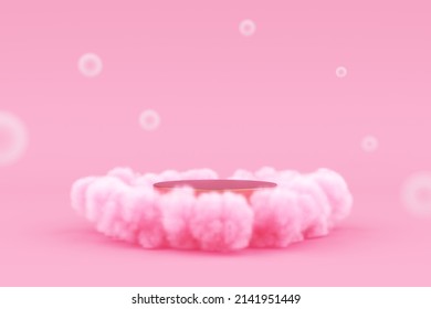 pink cloud smog float fog vapour stand podium product display air theme sky night fume smoke light feather sweet luxury pedestal place fashion and cosmetic skincare or beauty product. 3D Illustration.