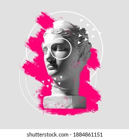 Pink. Collage with plaster head statue isolated on grey and pink background. Negative space to insert your text. Modern design. Line art. Conceptual bright collage. Modern unusual art.
