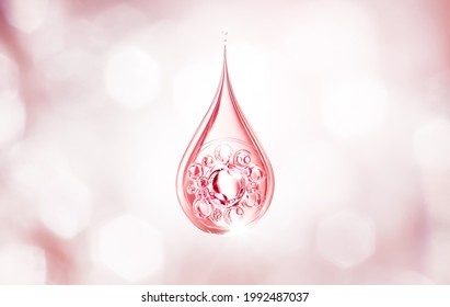 Pink Collagen Serum Or Essence Drop, Cosmetic Advertising Background, 3d Rendering.