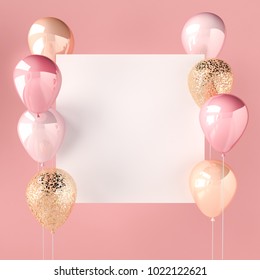 Pink color and golden balloons with sequins  and white sticker. Pink background for social media. 3D render for birthday, party, wedding or promotion banners. Vibrant and realistic illustration.