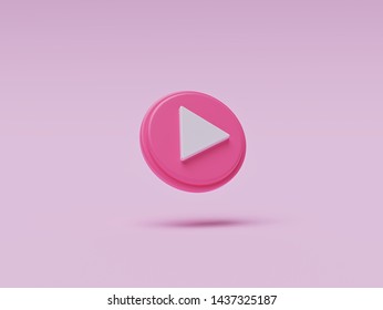 Pink Colored Round Play Button Isolated On Pastel Background. Concept Of Video, Audio Playback. 3d Rendering