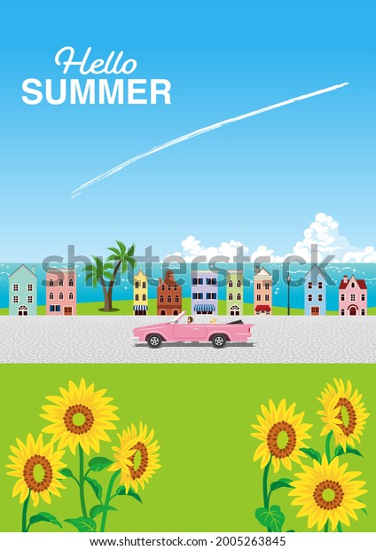 Pink\
convertible driving in the seaside small town - summer landscape,\
vertical, Included words \