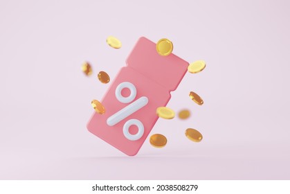 Pink Coupon With Coins. 3d Rendering