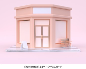 pink cream building store cartoon style 3d rendering