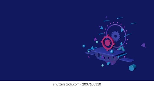 Pink Crosshair Symbol On A Pedestal Of Abstract Geometric Shapes Floating In The Air. Abstract Concept Art With Flying Shapes On The Right. 3d Illustration On Indigo Background