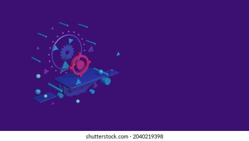 Pink Crosshair Symbol On A Pedestal Of Abstract Geometric Shapes Floating In The Air. Abstract Concept Art With Flying Shapes On The Left. 3d Illustration On Deep Purple Background