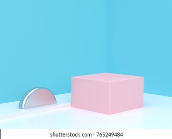 Pink Cube Podium Abstract Blue Corner Scene 3d Rendering