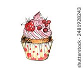 Pink cupcake with cream. Watercolor and ink illustrations of food on a white background.