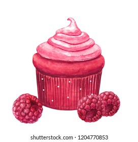 Pink cupcake, muffin with pink cream on the top and white dots in background. Composition with raspberry berries . Watercolor illustration, isolated. Side view .