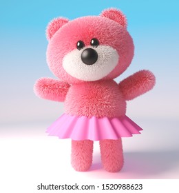 Pink cute 3d cartoon teddy bear soft toy character wearing a pink tutu fairy dress, 3d illustration render