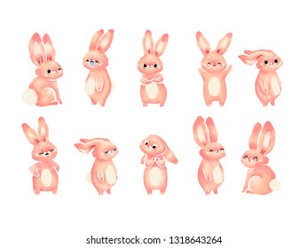 Pink cute bunny with different emotions, poses and expressions. Peach adorable bunny. Character. - Powered by Shutterstock