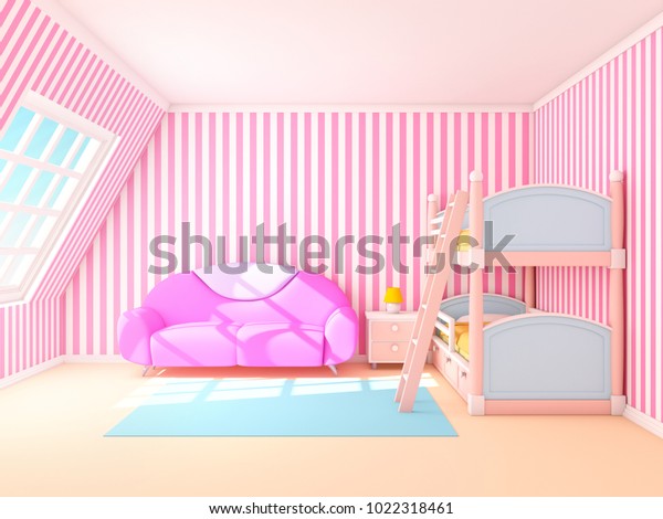 Pink Cute Cartoon Interior Bunk Bed Stock Illustration 1022318461