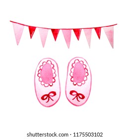 Pink cute newborn girl set with hand painted illustrations in watercolor style. Hand drawn baby shower objects isolated on white background. Design elements for greeting card, DIY artwork - Powered by Shutterstock