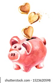 Pink Cute Pig Money Box. Piggy Bank With Golden Hearts Falling Into Slot. Love Concept. Watercolor Hand Drawn Illustration, Isolated On White Background