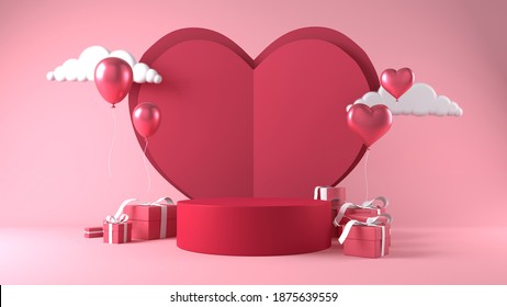 pink cylinder podium in valentines background. decor by heart, gift boxes, balloon. concept scene stage showcase, product, love, promotion sale,  presentation, wedding. 3D render