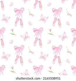 Pink Dance Pointes Background. Ballet Shoes Seamless Pattern. Girl Pastel Wallpaper.