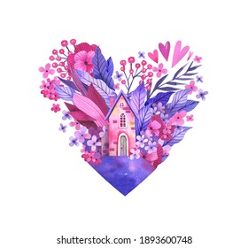 Pink Delicate Flowers, Sweet Home In The Shape Of A Heart Watercolor Illustration. Hand-drawn Illustration In Pink Tones Isolated On White Background. Home Sweet Home. Picture For Postcard, Poster, In