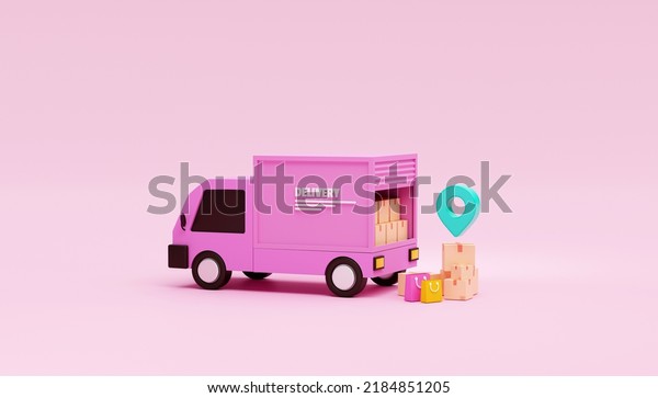 Pink delivery car deliver express and Pin\
pointer mark location and cardboard boxes delivery transportation\
logistics website banner concept on white background 3d rendering\
illustration