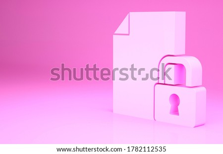 Pink Document and lock icon isolated on pink background. File format and padlock. Security, safety, protection concept. Minimalism concept. 3d illustration 3D render.