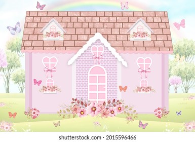 Pink Doll House With Flowers.