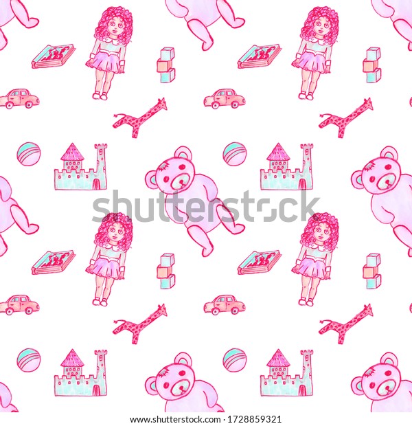 Pink doll, teddy\
bear, castle, ball, giraffe, book in a seamless pattern, isolated\
on white background