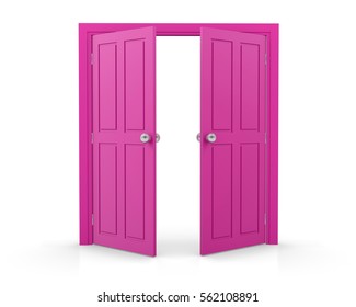 Pink Double Door Open On White Background 3d  Rendering 