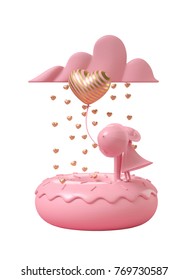 pink doughnut with falling luxury stripe gold heart like rain with kissing couple holding gold balloon to express sweetness of love. pink sweet donut on white background