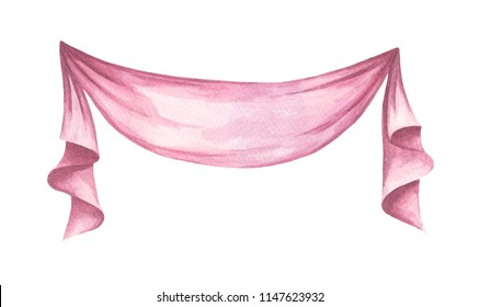 Pink drapery, Vintage curtain, Cloth banner. isolated on white background. watercolor illustration