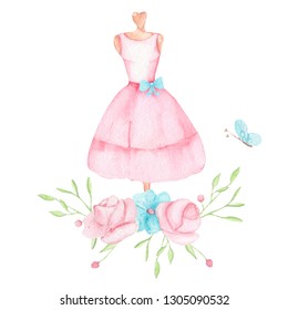 Pink dress on a mannequin. Design studio, sewing lessons, tailoring services. Beautiful watercolor dress - Powered by Shutterstock