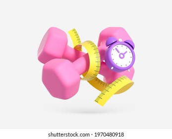 Pink dumbbells with alarm clock and measuring ruler on a isolated white background. Time to change your body concept. 3d render