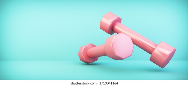 pink dumbbells on blue background 3d rendering