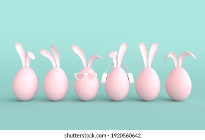 Pink Easter Egg With Rabbit Ears On Green Background. Happy Easter Big Hunt Or Sale Banner, Mockup Template.  Religious April Holiday - Easter. Cute Bunny Egg With Sun Glasses And Earphones 3d Render