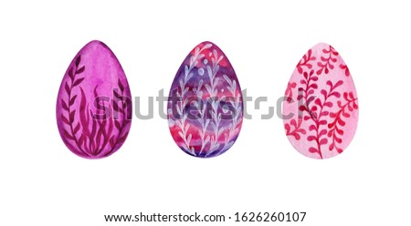  Pink easter set of hand painted eggs, watercolor illustration with floral patterns