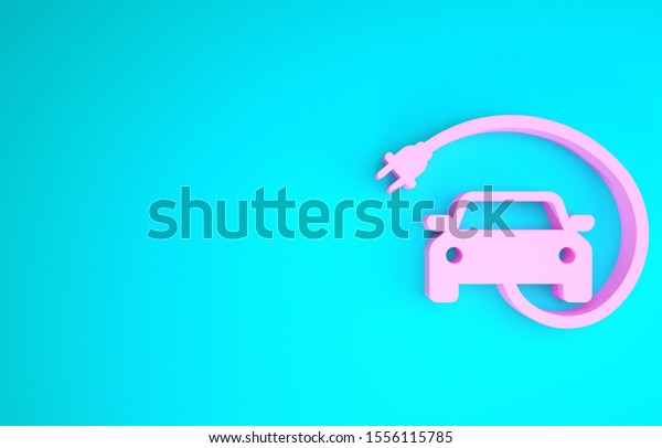 Pink Electric car and electrical\
cable plug charging icon isolated on blue background. Renewable eco\
technologies. Minimalism concept. 3d illustration 3D\
render