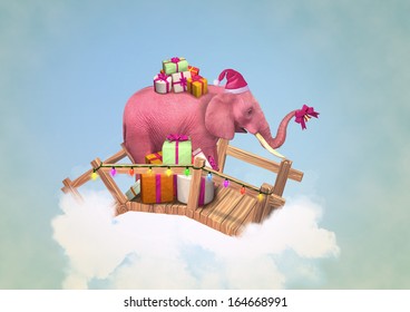 Pink elephant with Christmas gifts. Illustration for a card or book cover or magazine. Computer graphics. 