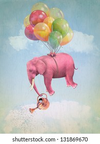 Pink elephant in the sky with a watering can. Illustration for a card or book cover or magazine. Computer graphics.